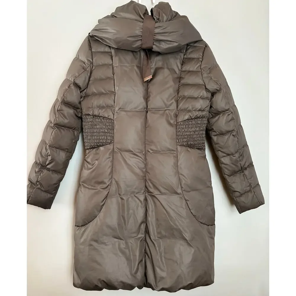 Tahari Coat Womens S Duck Down Long Zip Front Chocolate Brown Puffer Hooded - Picture 4 of 6